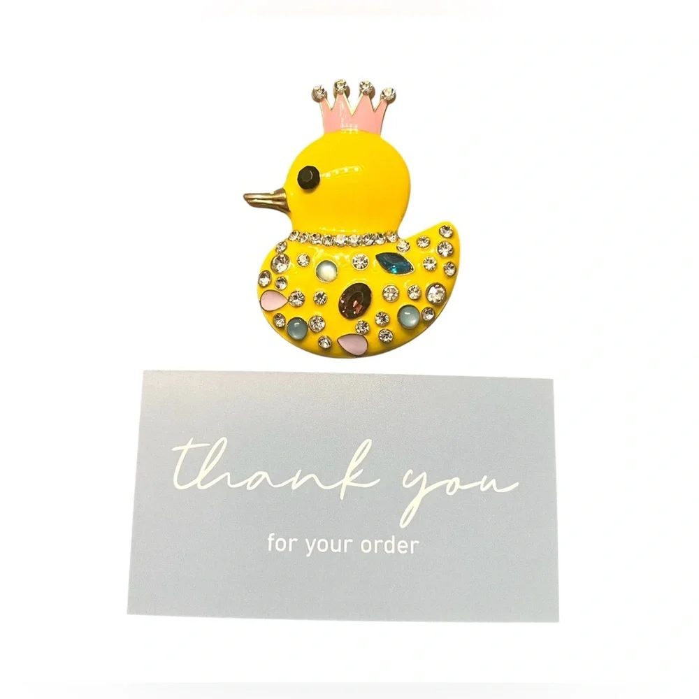 Gold Toned Yellow Enamel Crown Duck Brooch with Rhinestones